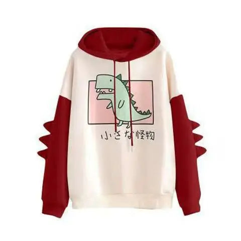 Winter Cute Dinosaur Cartoon Hoodie Women Fashion Sweatshirt Casual Print Long Sleeve Korean Style Splice Tops Kawaii Clothes