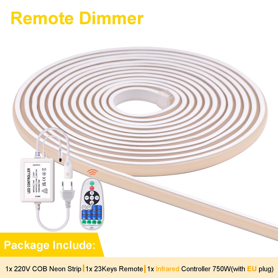 Dimmable COB LED Strip Light 220V Ra90 Waterproof 288LEDs/m Smart LED Neon Strips Flexible Ribbon Remote/Bluetooth/Wifi Control