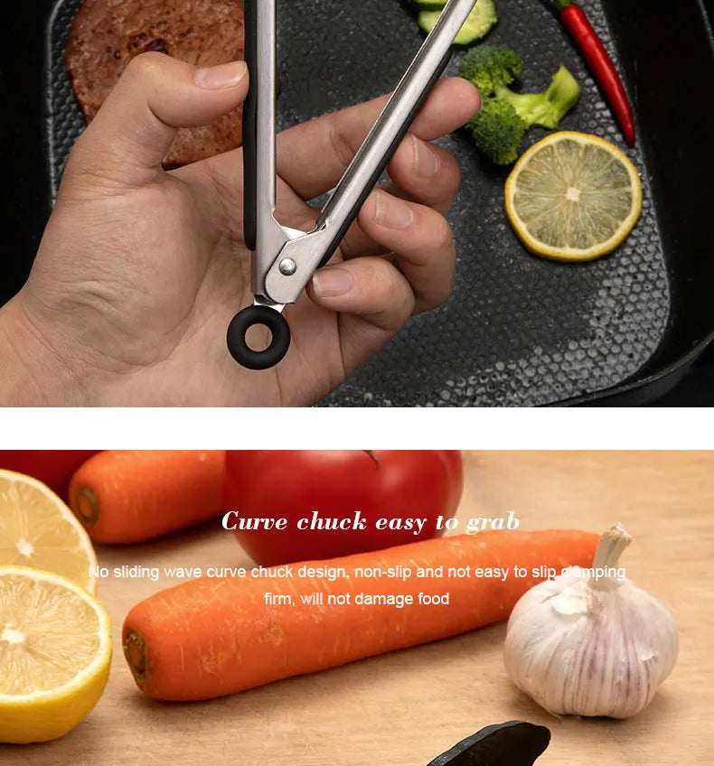 1 Pc Black Silicone Food Tongs, Stainless Steel Food Tongs Outdoor BBQ Clamps For Camping Kitchen Tongs For Baking Steak