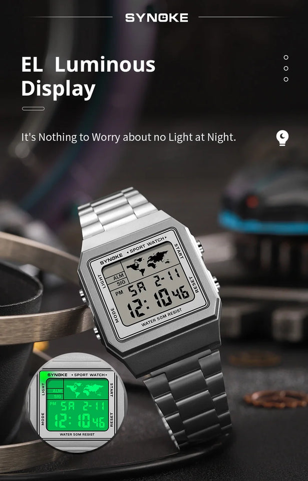 SYNOKE Stainless Steel watchband Chrono Sport Watches Men Back Light Display Digital Wristwatch Waterproof plastic watch case