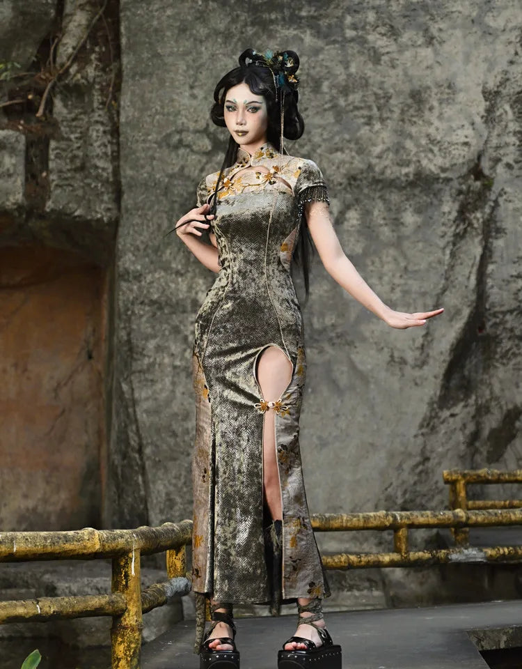 Blood Supply Original New Chinese Cheongsam Slim Dress Tie Tassel Jacquard Tunic Waist Sheath Long Trumpet Dresses Festival