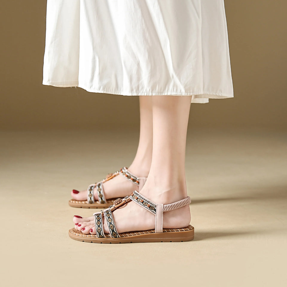 Women's sandals summer bohemian one line elegant slimming anti slip comfortable daily vacation flat beach shoes