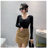 Autumn New Women Mesh Tops Fashion Hollow Out V-Neck Long-Sleeved T-Shirt Classic Shiny Diamonds Bottoming Shirt Elasticity Tees