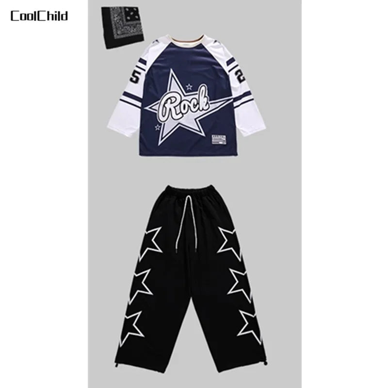 Girls Hip Hop Star Sweatshirt Vest Joggers Pants Boys Cool Streetwear Clothes Set Kids Children Jazz Street Dance K-pop Costumes