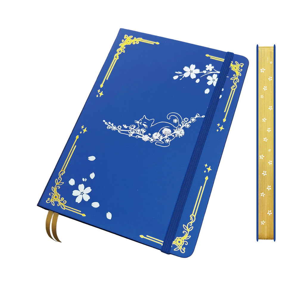 Cat & Cherry Blossom A5 Dot Grid Journal, 160gsm Thick Paper Hardcover Notebook, PU Leather Cover, Gilded Page Edges