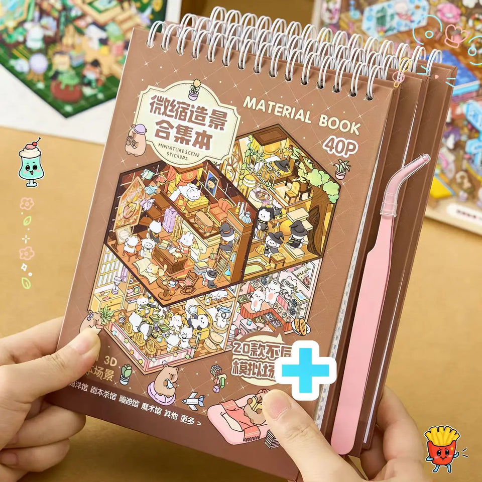 3D Miniature Scene Sticker Book, 40pcs/bag+1 tweezers set DIY Dollhouse Journal Scrapbooking Creative Gifts (Sticker Spark)