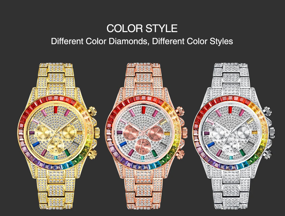 MISSFOX Men Watches 2021 Luxury Large Case With Baguette Full Diamond Quartz Wristwatch Chronograph Calendar Watch Droshipping