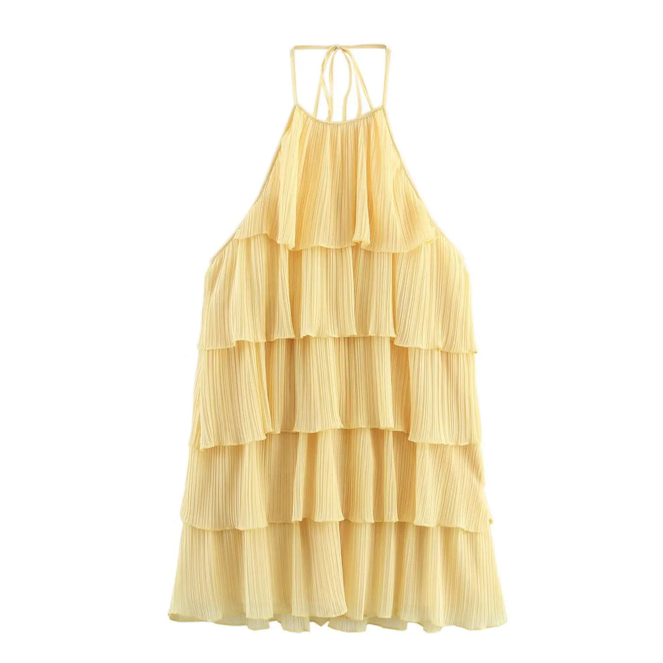 HH Women's Summer New Popular Sweet Laminated Decorative Halter Neck Dress Female Classy Sexy Backless Mini Sleeveless Dress