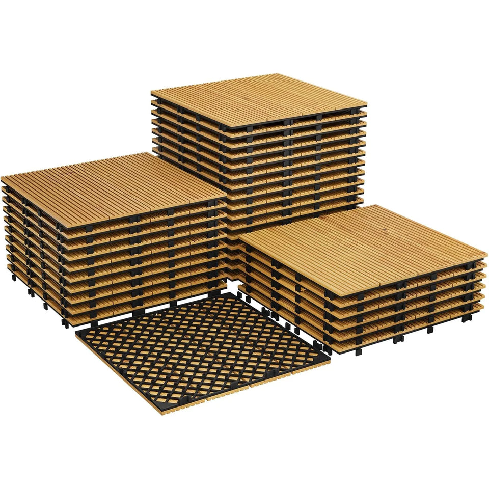 Acacia Wood Connected Deck Tiles for Patio & Outdoor Decor, 12"x12" Firm Weatherproof Non-Slip Wooden Flooring, 22/33 Panels