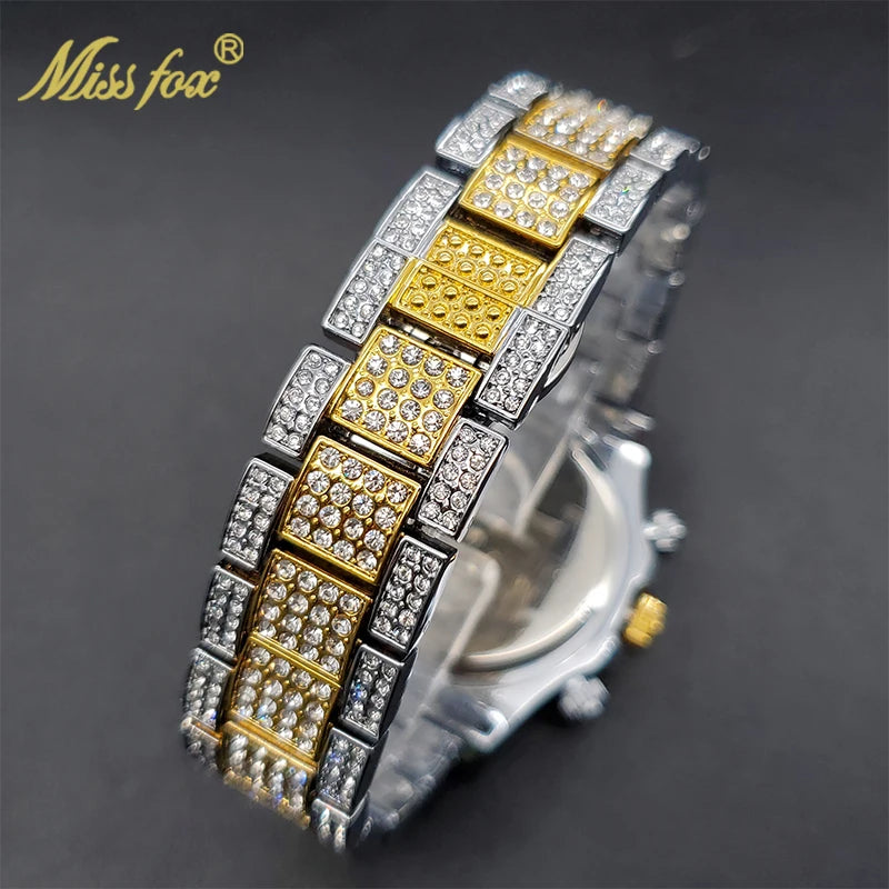MISSFOX Men Watches 2021 Luxury Large Case With Baguette Full Diamond Quartz Wristwatch Chronograph Calendar Watch Droshipping