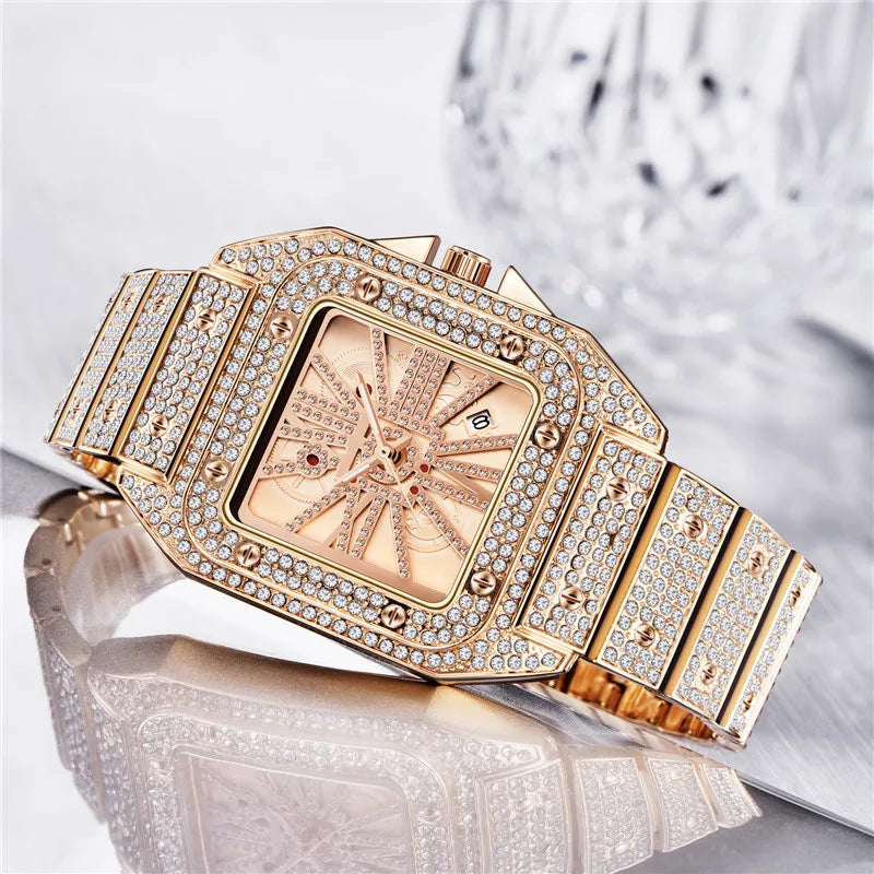 Unique Cool Brand Designer Watches For Men Hip Hop Diamond Fashion Alloy Band Date Golden Quartz Watch Montres de Marque de Luxe