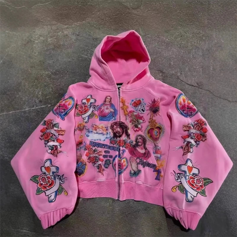 Women's Zip Up Hoodie Jacket Graphic Print Long Sleeve Sweatshirt With Pocket For Casual Streetwear, Cozy Travel, Gift For Teens