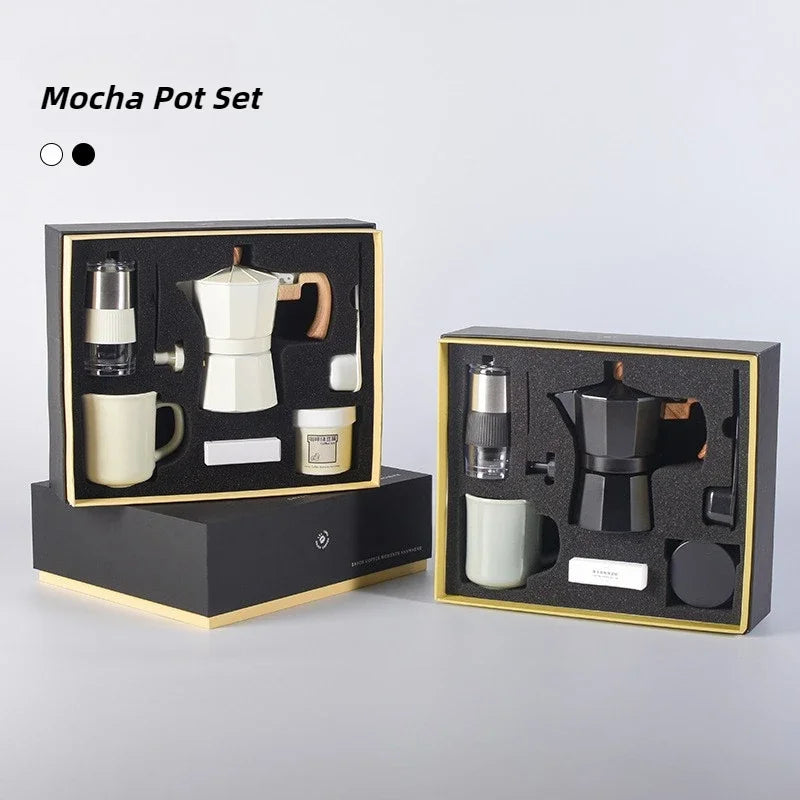 Hand Grinder Coffee Maker Set,Hand Grinder Set Gift Box,Moka Pot 6 Piece Set,with Cup,bean Bin,filter Paper and Bean Brush Spoon