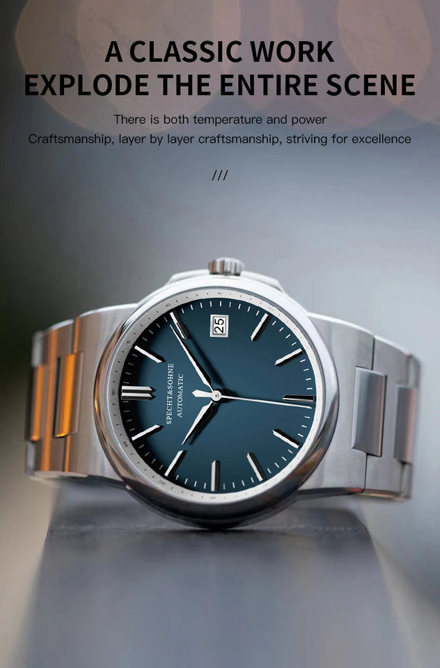 Specht&Sohne New Arrivals Blue Automatic Mechanical Watches For Men 38MM Stainless Steel Waterproof Classic Elegant Watch 50M