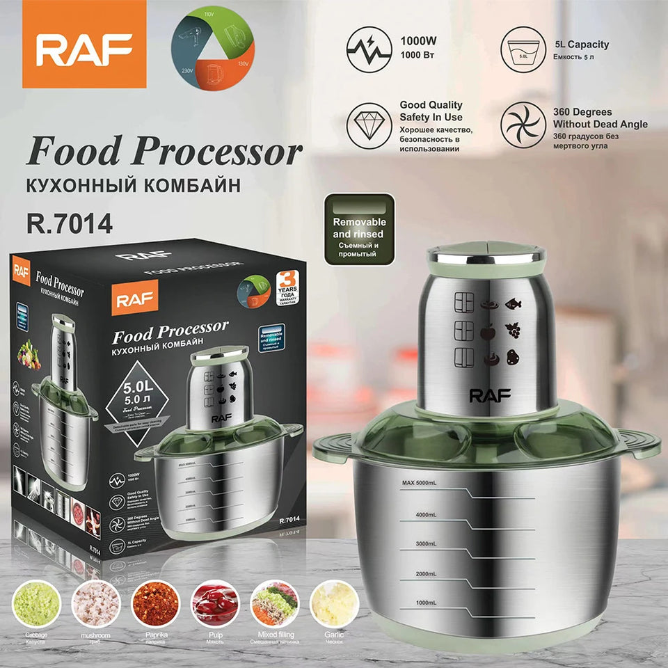 5L Electric Meat Grinder Stainless Steel Garlic Chopper Meat Mincer 1000W Food Processor Blender Machine for Kitchen Mixer 220V