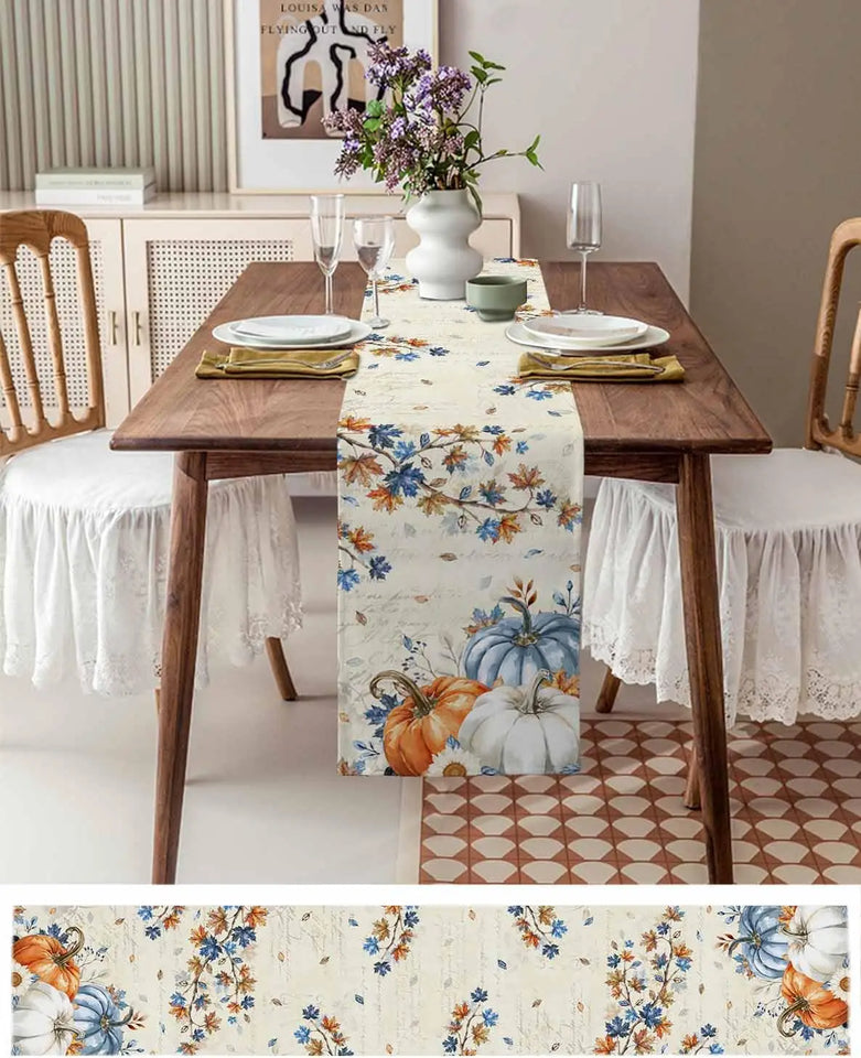 Fall Blue Orange Pumpkins Linen Table Runner Thanksgiving Decoration Autumn Maple Leaf Flowers Printed Table Runners Party Decor