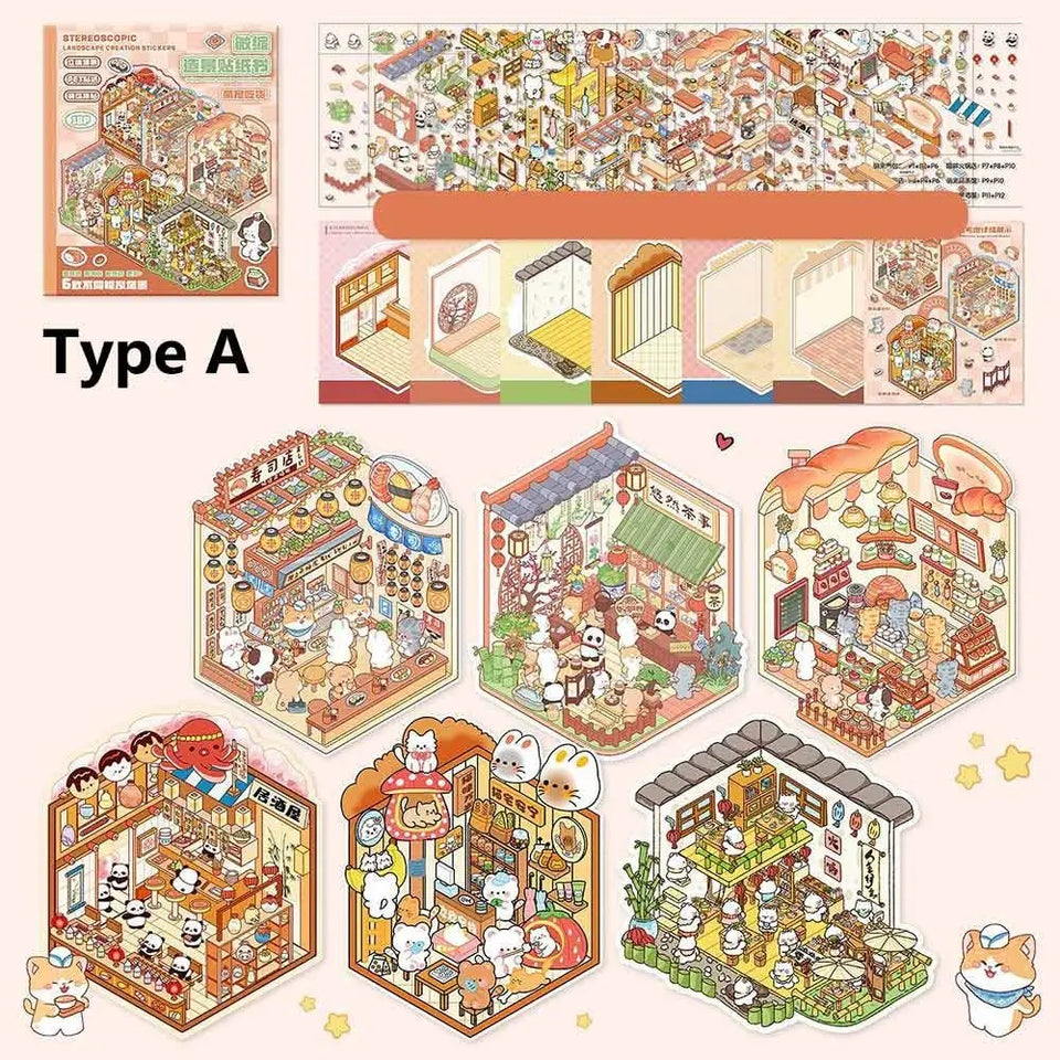Collection of Miniature Scenes 3D Stereoscopic Hut Miniature Scene Stickers Hand Tent Landscape Stickers Children's Puzzle Toys