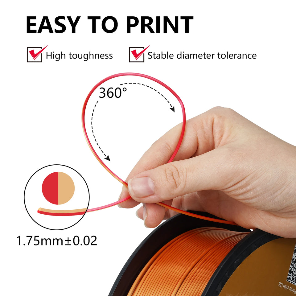 KINGROON Dual-color Silk PLA Filament 1.75mm 2 Color Coextrusion Glossy 3D Printer Filament PLA, 3kg/pack 1kg each spool