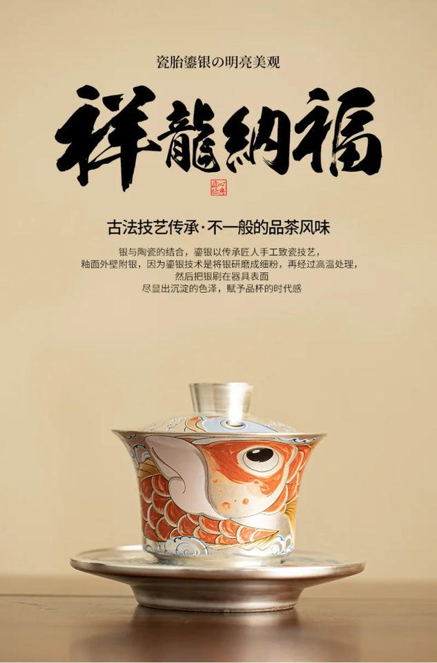 Tea set handmade silver three talents horseshoe covered bowl, Chinese dragon fish respect tea bowl, tea making bowl, tea cup for