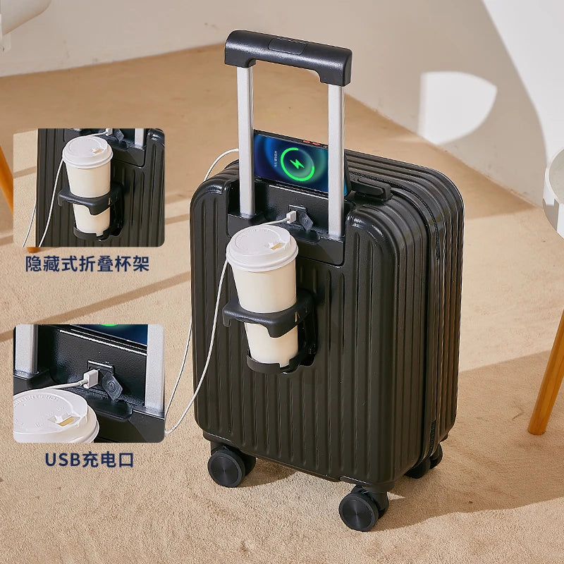 Multifunctional suitcase 18 inch small lightweight luggage with USB cup holder password suitcases 20" cabin carry-on travel bag