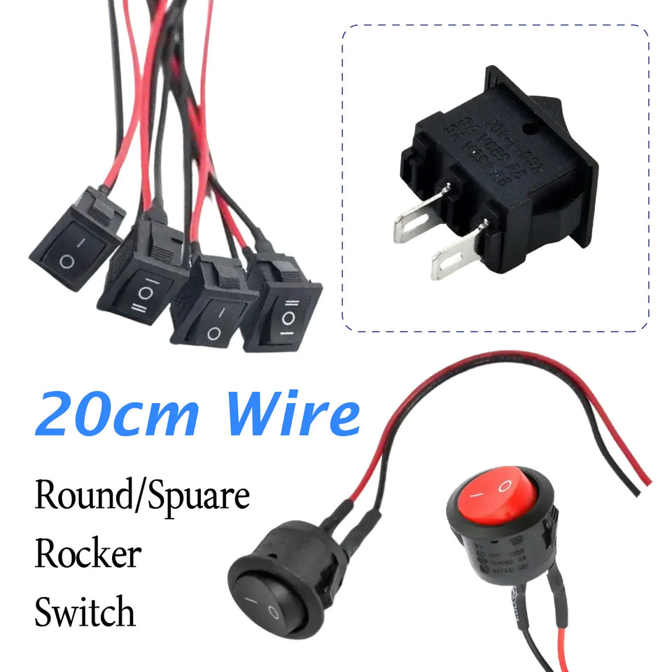 Mini Rocker ON Off 2/3Pin Toggle Square Round Electrical Switch with Pre-Wired 20cm 6A/250V10A/125V