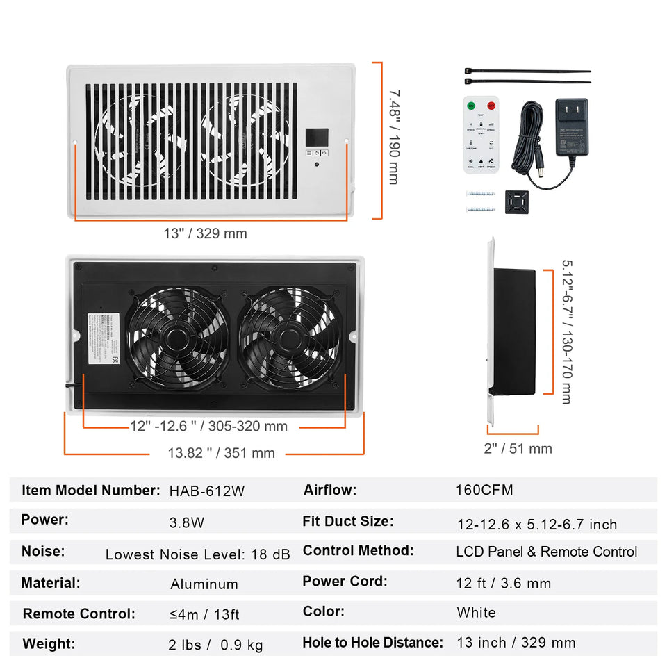 SucceBuy Register Booster Fan Quiet Vent Booster Fan with Remote Control Thermostat Control for Heating Cooling Smart Vent White