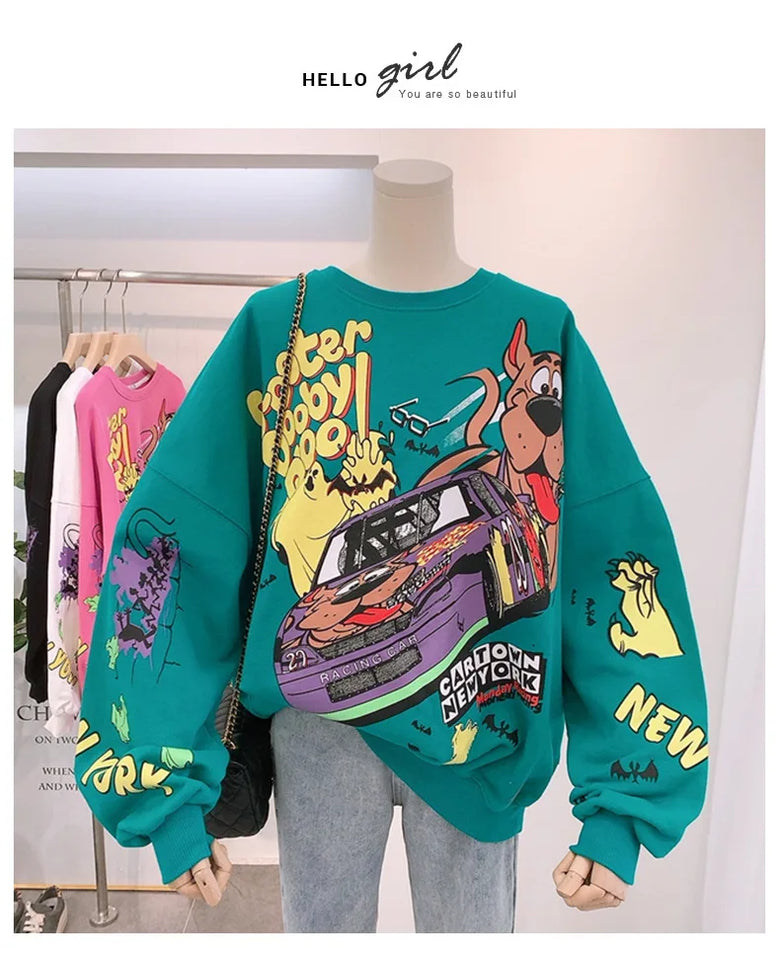 Letter Printing Sweatshirt Women High Street Cartoon Puppy Car Clothes Casual Crew Neck Sweater Bulk Items Wholesale Lots