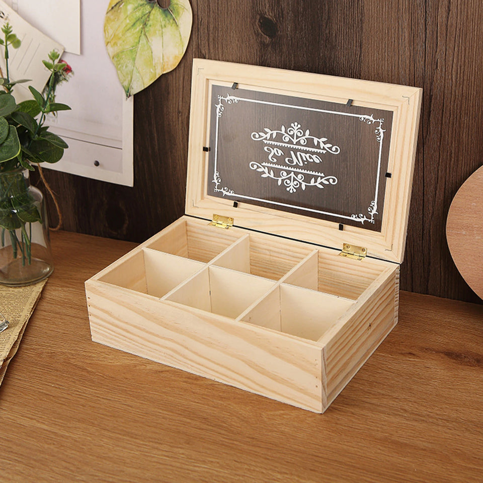6 Grids Wooden Tea Box Portable Jewelry Box Divided Tea Storage Organizer Wood Storage Rack Coffee Tea Bag Storage Holder