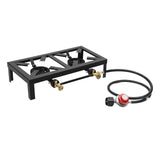 Portable Double Burner Outdoor Gas Stove Propane Cooker with Adjustable 0-10Psi Regulator Hose for Patio Camping, BBQ, Home