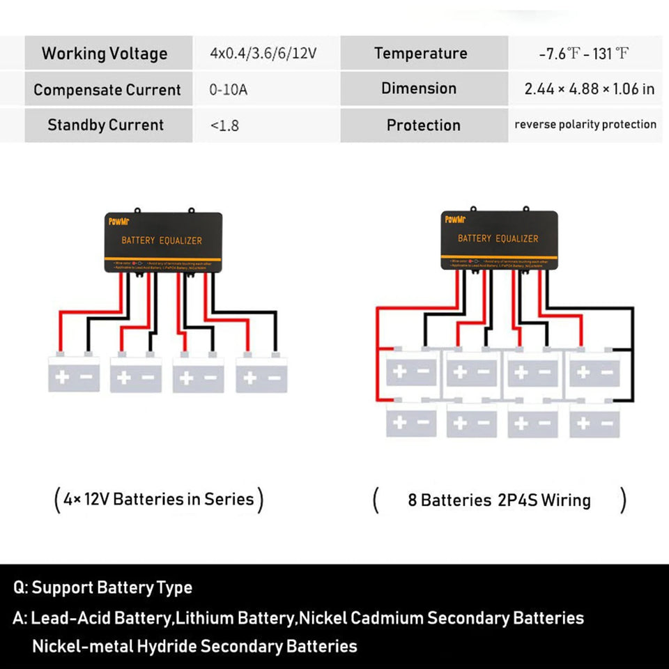 PowMr 24V 48V Battery Equalizer Voltage Balancer for Lead Acid, Lithium Batterries Series-Parallel Connected Charge Controller