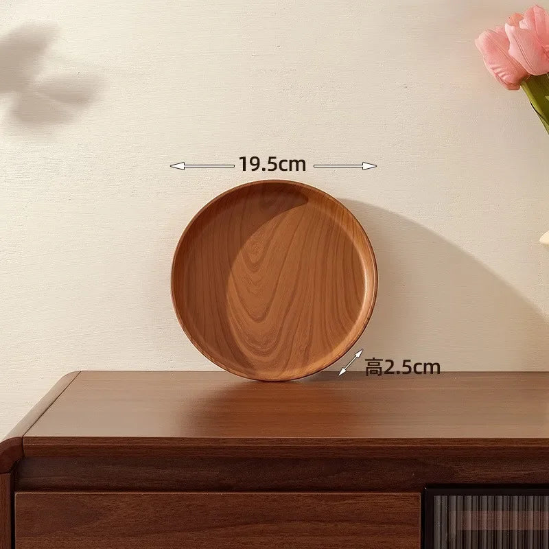 Walnut Wood-Grain Round Serving Tray-Multi-Purpose Plate for Coffee, Bread, Pastries & Tea Set Storage, Ideal for Tea Ceremonies