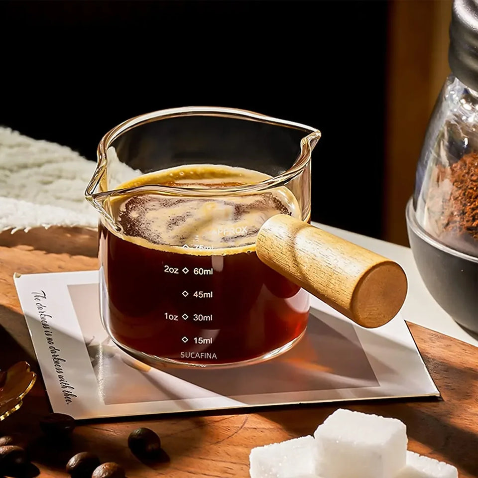 Glass Milk Cup Fine Espresso Small Glass Measuring Cup Double Spout Milk Jug Wooden Handle and Scale Coffee Latte Extraction Cup