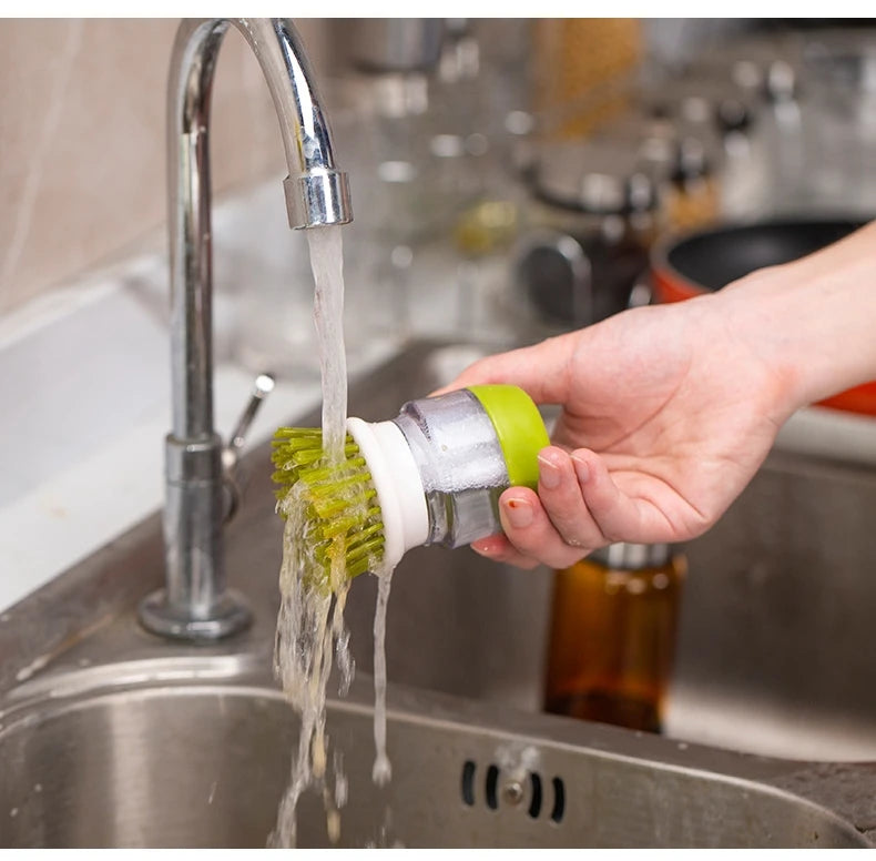 Multi-Use Kitchen Dish Brush, Soap Dispensing Palm Brush with Tray, Universal Scrub Brush for Household Cleaning