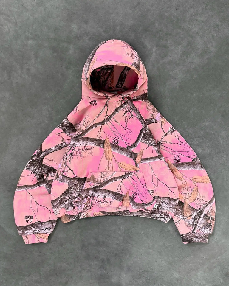 Y2K Retro Zip Up Hoodie Pink Branch Camo Print Pattern Sweatshirt Streetwear Harajuku Trendy Casual Camouflage Unisex Boxy Coat