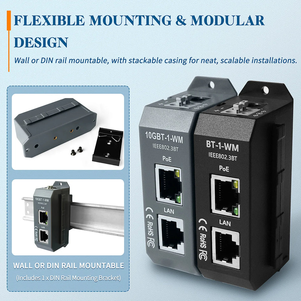 IEEE 802.3af/at/bt 4 Pair Active PoE Injector 2.5G/5G/10G High-Speed PoE++ 90W Max Outut For HD IP Cameras DIN Rail Mounting