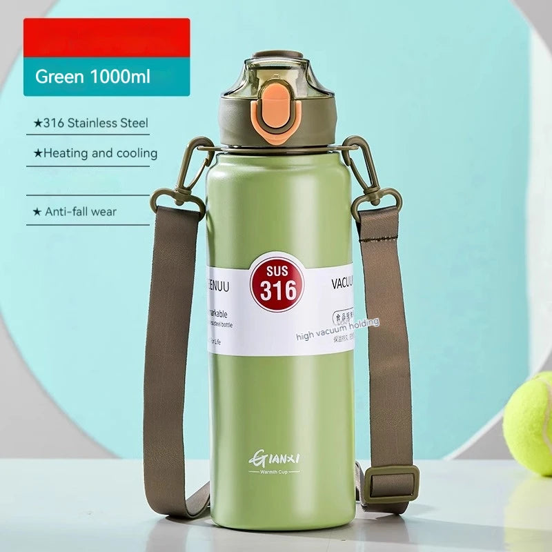 GIANXI 1000ml Spring Cap Large Capacity Vacuum Cup 316 Stainless Steel Coffee Cup Portable Outdoor Sports Water Bottle