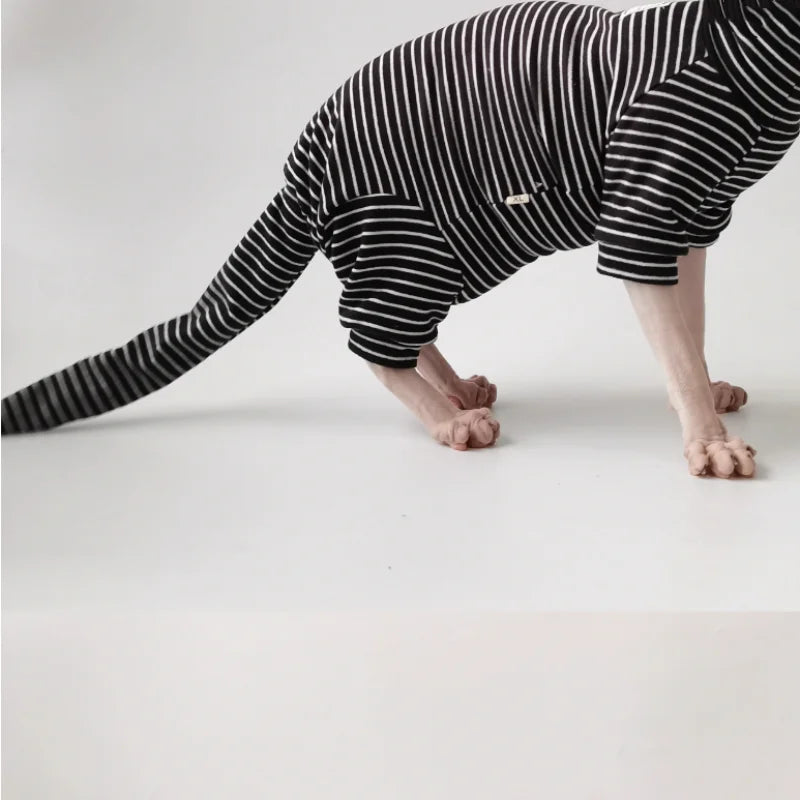 Four Legged Striped Shirt Hat Tail Cover Suit for Sphynx Cat Spring Black Sweatshirt for Kittens Hairless Warm Autumn Costumes