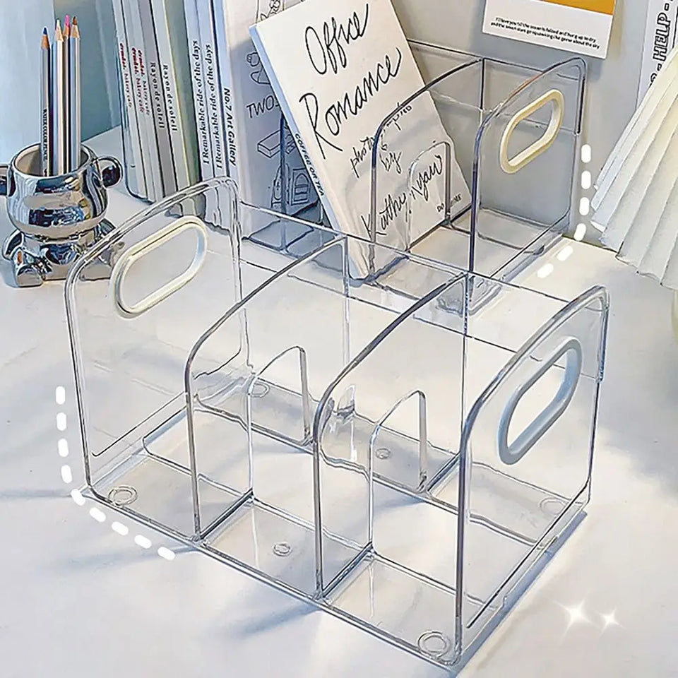 Convenient Clear Acrylic Bookends with Handle Desk Organizer Divided Book Stand Desktop Book Holder Student