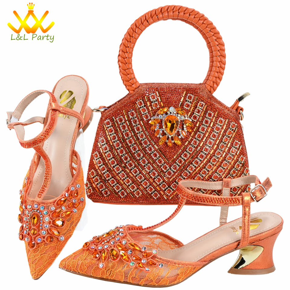 Orange Color New Arrivals Italian Design Nigerian Women Shoes and Bag Set Pointed Toe Slipper with Shinning Crystal for Party