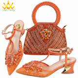 Orange Color New Arrivals Italian Design Nigerian Women Shoes and Bag Set Pointed Toe Slipper with Shinning Crystal for Party