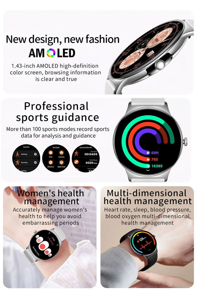 2025 Ultra-thin Durable Women Smart Watch 1.43" Amoled Screen Wireless Call Sports Health Fitness Women Watches For Android iOS