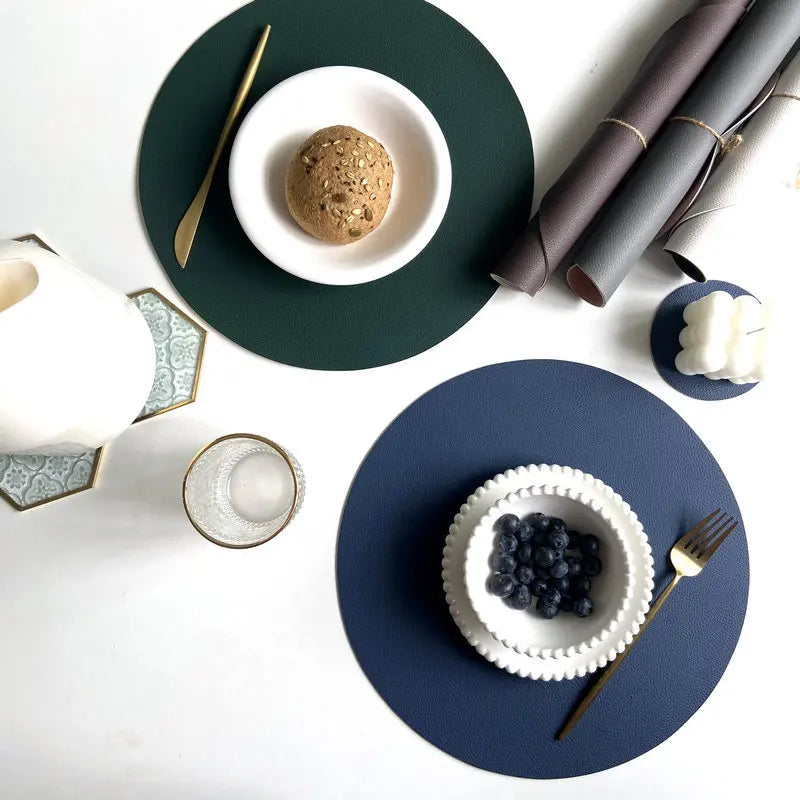 1/6/10 Sets Round PU Leather Placemats & Coaster Set Oil-Proof Waterproof Insulation Mat for Kitchen Coffee Shop Christmas Decor