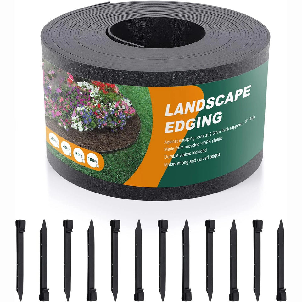 Black Plastic Garden Landscape Edging, 5” Tall Border Coil, Flexible and Strengthened with Anti-UV Treatment