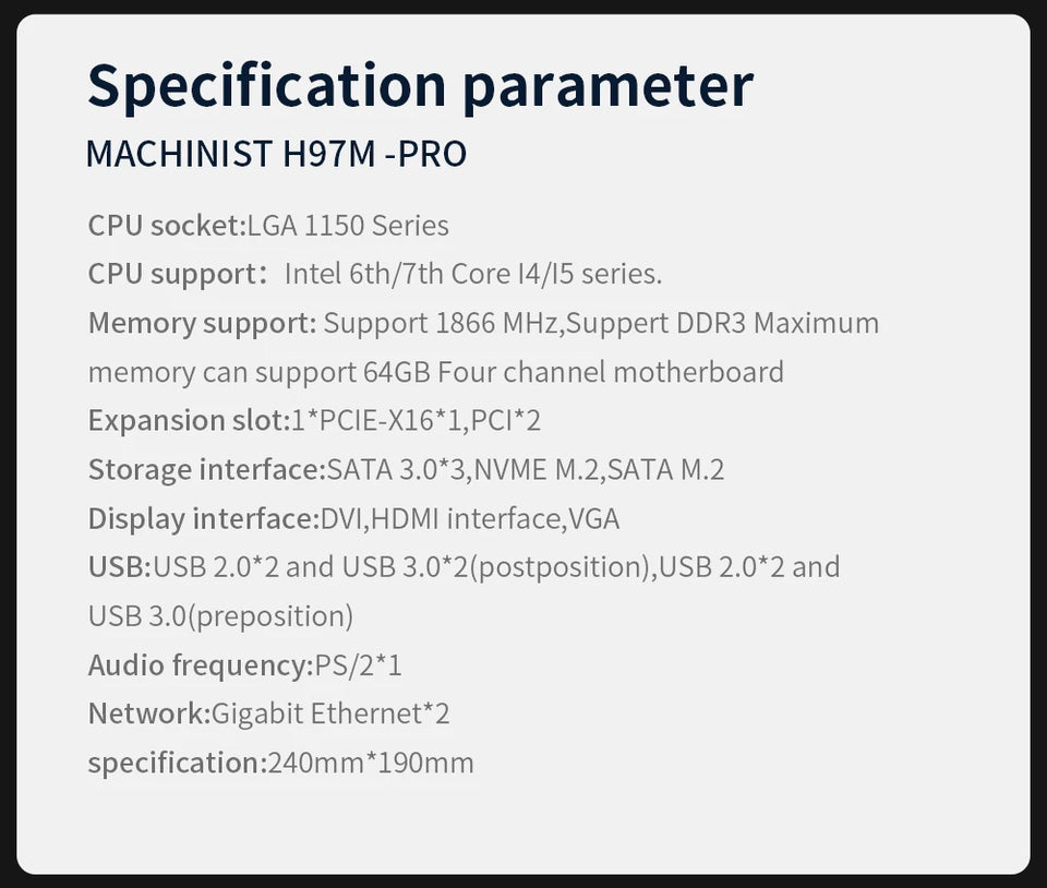 MACHINIST H97M PRO Motherboard Support  LGA 1150 Intel Core I3 I5 I7 E3 CPU DDR3 RAM SATA3.0 USB3.0 NVME NGFF M.2 M-ATX