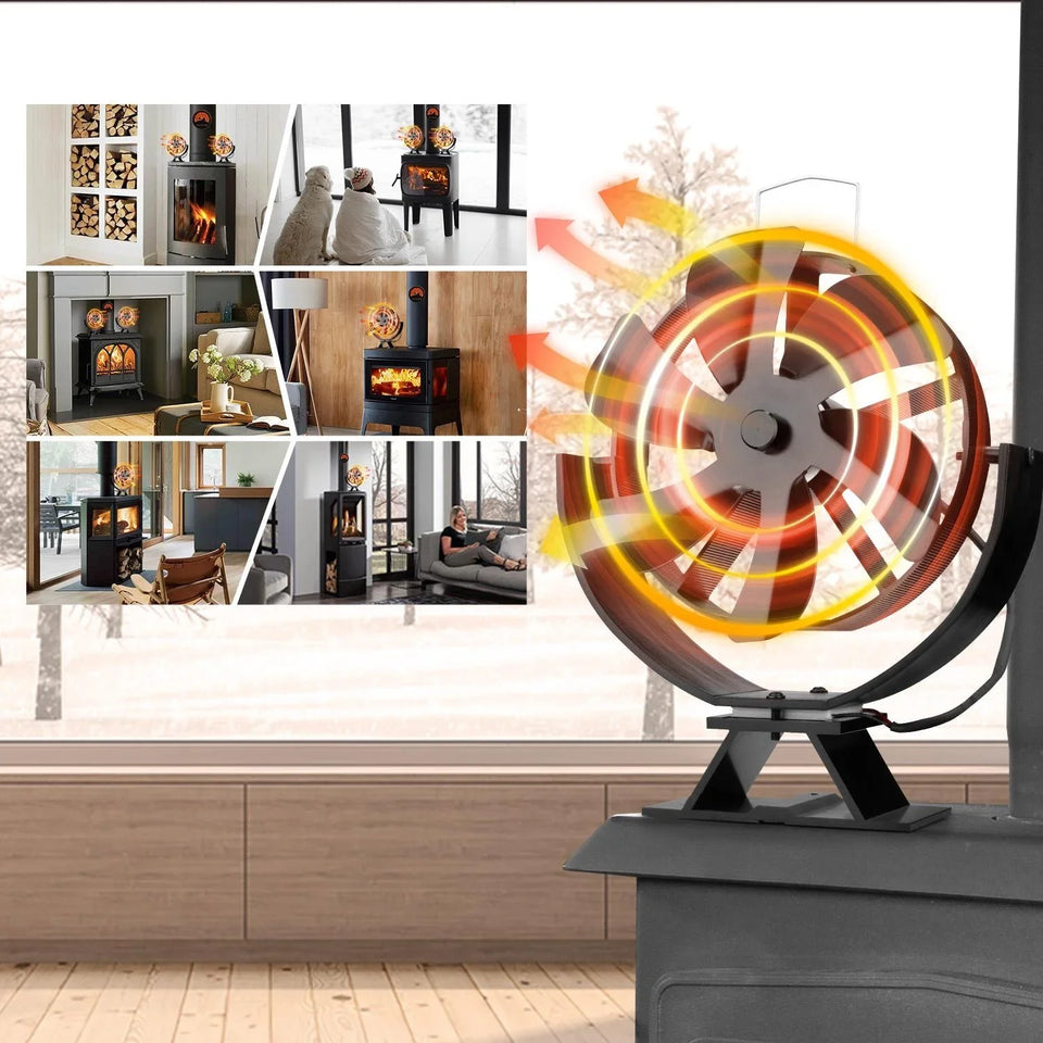 6 Blades Heat Powered Stove Fan Eco Quiet Black Log Wood Burner Fireplace Eco-Fan Winter Home Warm Efficient Heat Distribution