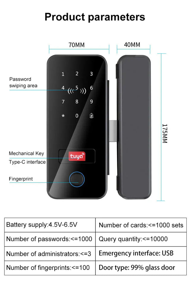 Bluetooth Electronic Glass LOCK Fingerprint Recognition Smart Lock Tuya APP Rfid Card Biometric Unlock for Glass Door Lock