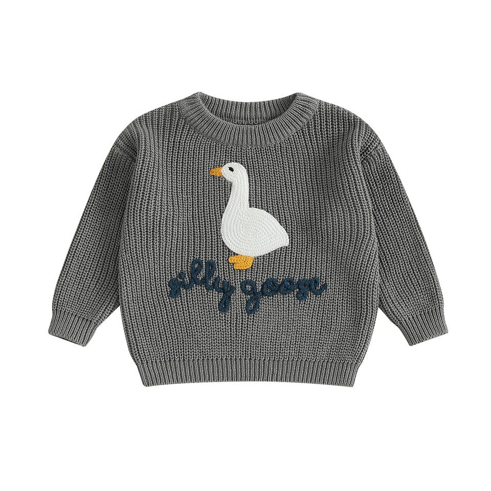 0-3T Toddler Baby Boy Girl Knit Sweater Silly Goose Embroidery Long Sleeve Knitted Sweatshirt Warm Fall Winter Clothes