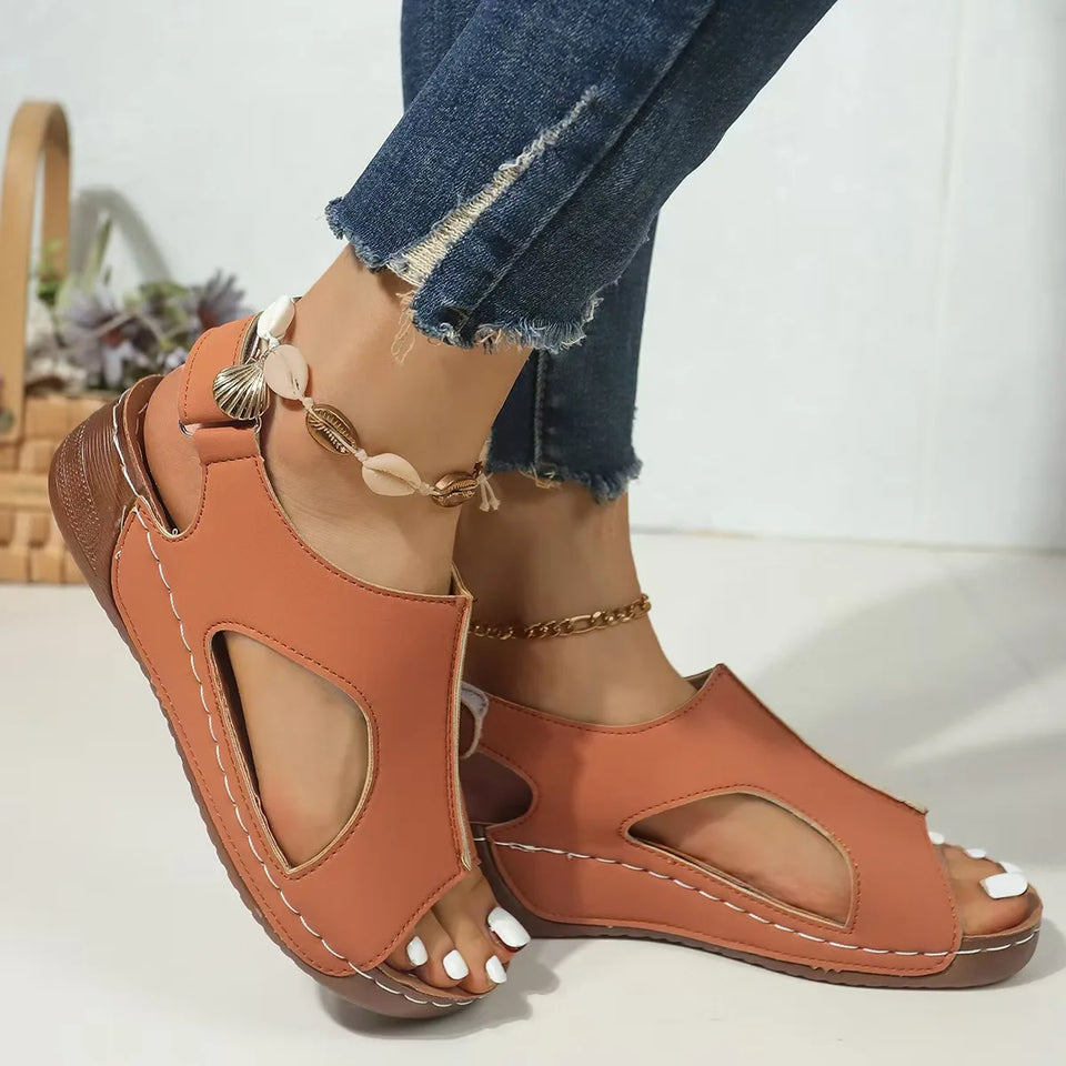 Summer Sandals for Women  Wedge Heel Platform Shoes Synthetic Leather Peep Toe Hook Loop Casual Beach Walking Ladies Footwear