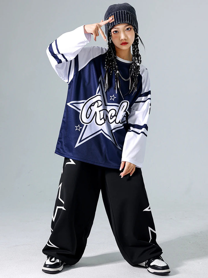 Girls Hip Hop Star Sweatshirt Vest Joggers Pants Boys Cool Streetwear Clothes Set Kids Children Jazz Street Dance K-pop Costumes