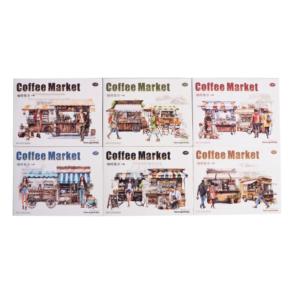 Coffee Bazaar Series Sticker Pack 6 Coffee Shop Diorama Themes 15Pcs Journal Decor for Cafe Lovers